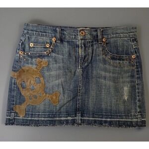 Y2K Dept of Peace Denim Mini Skirt Women's 7 Skull Patch Distressed Grunge